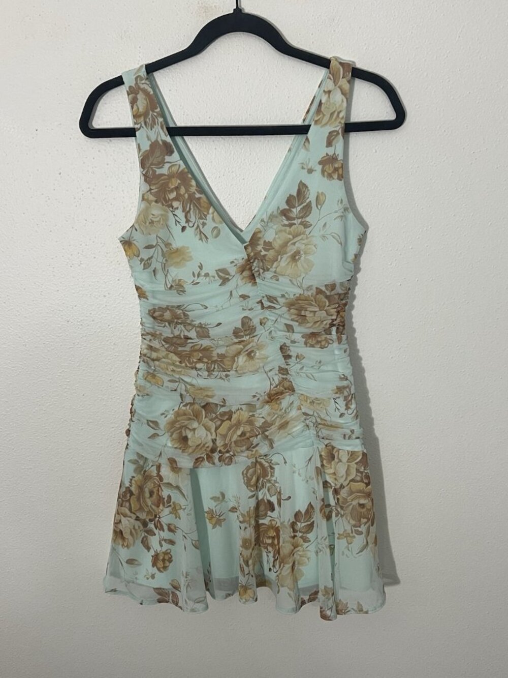 Abercrombie and Fitch Bra Free V Neck Ruched Mesh Mini Dress Turquoise Small